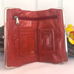 HOBO ~ Long Rust Color Leather Wallet w/Snap & Magnetic Closures Floral Interior